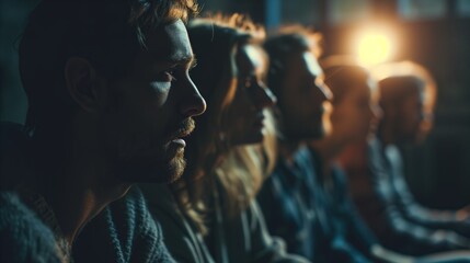 A group of friends are watching a movie intently.