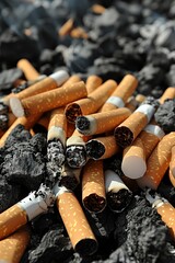Cigarettes stacked on a coal pile, depicting a hazardous combination of smoking and pollution.