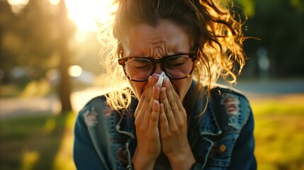 A woman with glasses blows her nose because of the flu. - obrazy, fototapety, plakaty