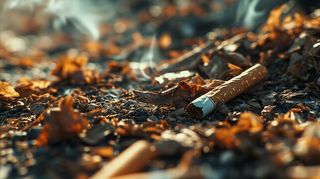 A cigarette on the ground surrounded by fallen leaves, depicting litter and nature's decay.