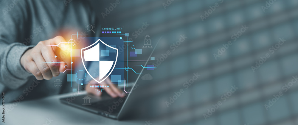 Poster cybersecurity and data protection concept , businessperson using laptop and touchscreen internet net