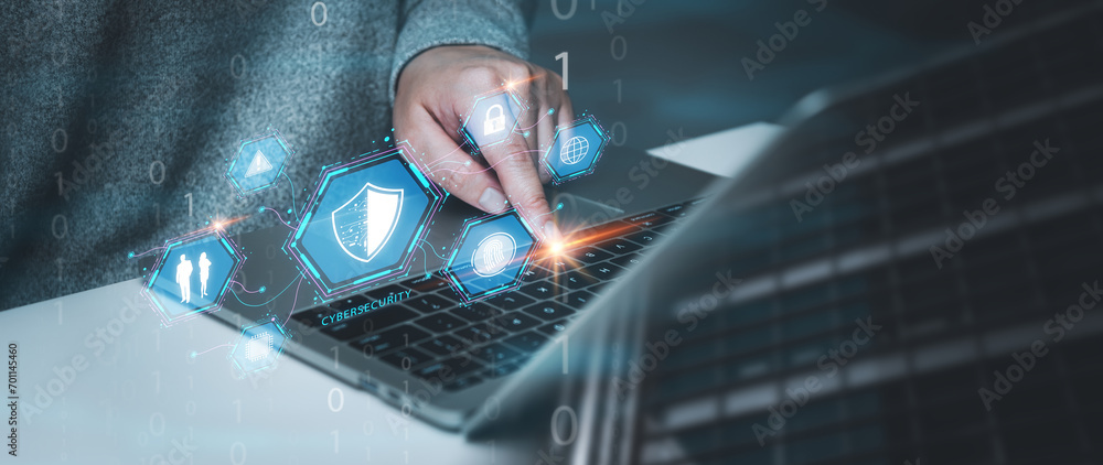 Poster cybersecurity digital asset and data protection concept, businessman using laptop encryption technol