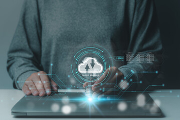 Data storage innovation and cloud computing concept, businessperson using laptop to transfer data, database communication on social networks, servers and storage, cyberspace solutions.