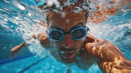 A swimmer wearing goggles swimming in a pool. - Powered by Adobe