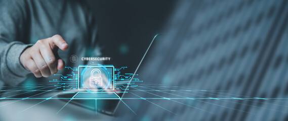 Cybersecurity digital asset and data protection concept, businessman using laptop connecting to internet network security system, protecting cyber attacks, privacy in the cyber era.