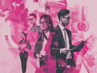 Experience the fusion of art and business in our captivating collage. Witness young professionals embracing teamwork, career growth against a vibrant back. Dynamic Business Team in a Technology World