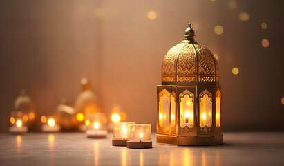 "Elegant illustration for Eid al-Fitr and Ramadan background, featuring Islamic patterns, lanterns, and crescent moon. Perfect for festive designs and celebrations