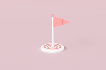3D Flag in the middle of target icon . aimed at a goal, increase motivation, a way to achieve a goal, success grow up concept. minimal cartoon.3D Rendering. Banner, a place for text, copy space.