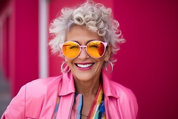 Closeup portrait of a happy senior woman wearing sunglasses and pink jacket