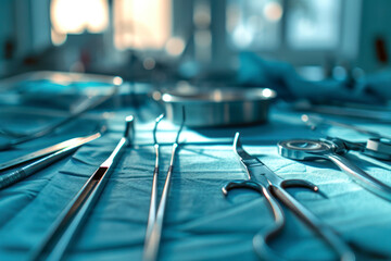 Precision surgical instruments, an image featuring precision surgical instruments arranged in a sterile environment, conveying the importance of precision in medical procedures. - obrazy, fototapety, plakaty