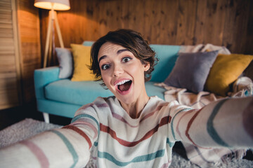 Photo of astonished positive lady make selfie record video open mouth toothy smile modern flat...