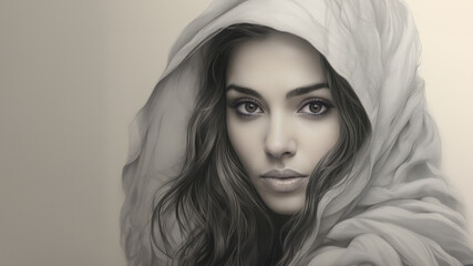 Fototapeta premium Illustration of a woman with dark hair and wearing a white shawl. Skin care and cosmetics.