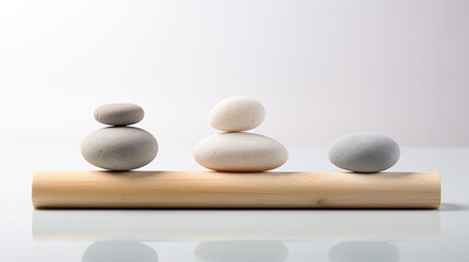 Balanced stones on a bamboo mat, symbolizing zen and the art of meditation. This minimalist setup represents tranquility, focus, and the practice of mindfulness.

