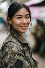 Fototapeta premium Asian woman wearing army universal camouflage uniform smiling