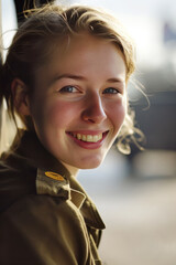 Blonde woman wearing army universal camouflage uniform smiling