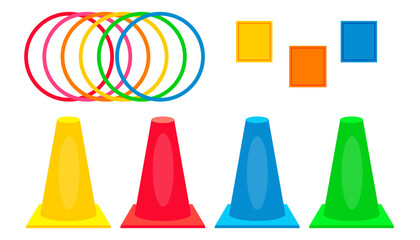Plastic colorful sports cones with hoops and bags for activity game. Throw rings game. Fun active game cartoon vector illustration isolated on white background. Activity floor game.