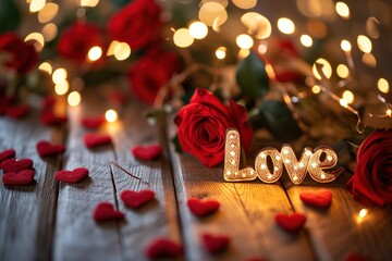 the word love spelled in a wood letters, surrounded by roses and soft light 