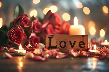 the word love spelled on a wood sign, surrounded by roses and soft candle light  - obrazy, fototapety, plakaty