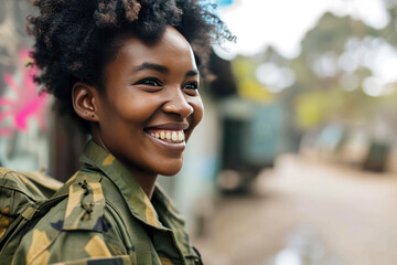 Afro american woman wearing Paramilitary Forces uniform smiling