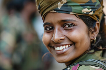 Indian woman wearing Paramilitary Forces uniform smiling - obrazy, fototapety, plakaty