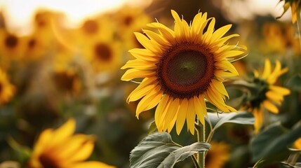 Fototapeta premium Beautiful sunflower in warm sunset light in summer meadow. Calm tranquil moment in countryside. Sunflower growing in evening field. Atmospheric summer wallpaper, space for text