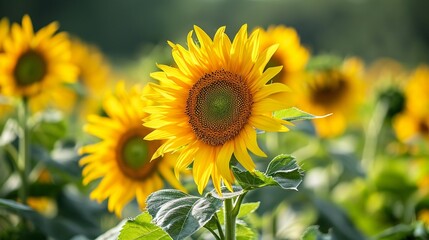 Obraz premium Beautiful sunflower in warm sunset light in summer meadow. Calm tranquil moment in countryside. Sunflower growing in evening field. Atmospheric summer wallpaper, space for text