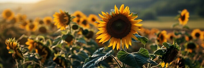 Fototapeta premium Beautiful sunflower in warm sunset light in summer meadow. Calm tranquil moment in countryside. Sunflower growing in evening field. Atmospheric summer wallpaper, space for text, panorama.