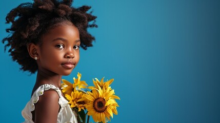 Cute Afro little girl in white dress hold sunflowers bouquet isolated on blue background with copy space. Florist minimal concept, spring gift, greeting card, children spring event.