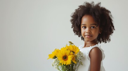 Cute smiling child girl holding bouquet of spring flowers blooming yellow sunflowers isolated on beige background. Little toddler girl gives a bouquet to mom. Copy space for text. - Powered by Adobe