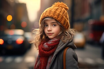 Portrait of a cute little girl in a hat and scarf on the street.