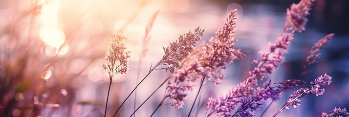 Close up of a grass stem near a calm sea at sunset with a beautiful watercolor background in soft hues, panorama landscape pink romantic graceful backgrounds banner, copy space. - obrazy, fototapety, plakaty