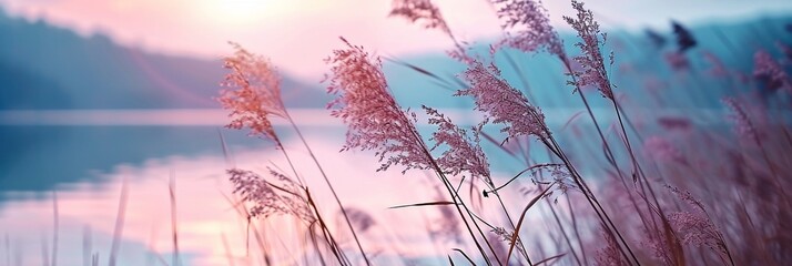 Close up of a grass stem near a calm sea at sunset with a beautiful watercolor background in soft...