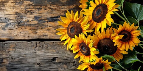 sunflowers on wooden board with copy space, Autumn banner with a bouquet of yellow sunflowers on vintage textured wooden background.