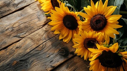 sunflowers on wooden board with copy space, Autumn banner with a bouquet of yellow sunflowers on vintage textured wooden background.