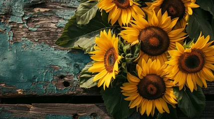 Rolgordijnen sunflowers on wooden board with copy space, Autumn banner with a bouquet of yellow sunflowers on vintage textured wooden background. © Jasper W