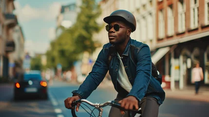 Rolgordijnen Modern black man cycling on a city bike © Sophie