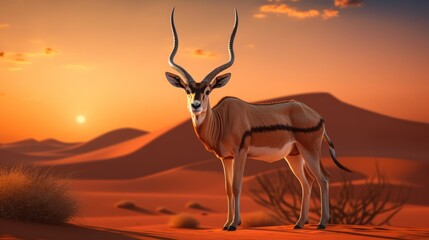 Fototapeta na wymiar Antelope with long, twisted horns stands majestic in desert at dusk.