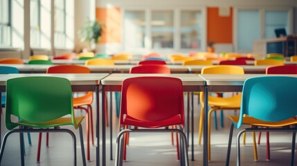 Fototapeta premium Colorful chairs surround tables in bright, vibrant classroom.