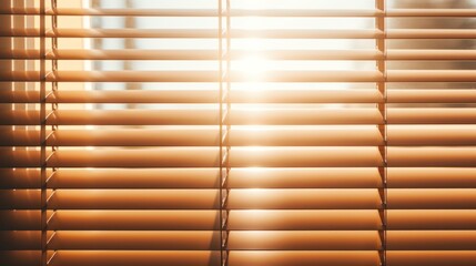 Sunlight filters through venetian blinds, casting stripes on  warm interior.