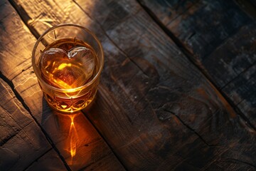 Fototapeta na wymiar Glass of Whiskey with Ice Heart on Rustic Wooden Table