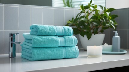 Soft turquoise towels are stacked neatly in  serene bathroom.