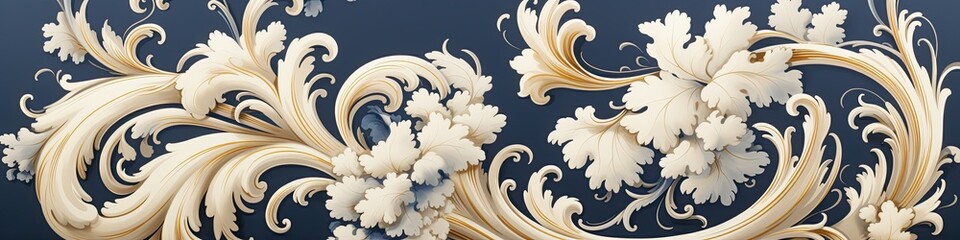 Elegant Golden Floral Accents on Dark Navy Background - Classic Baroque Style Ornamentation for Sophisticated Design