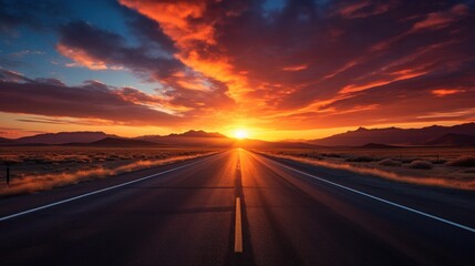 Open road stretches towards  dramatic sunset.