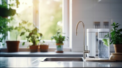 Modern water filtration system installed beneath  kitchen counter.