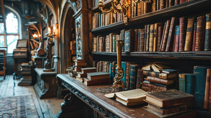 Obraz na płótnie Canvas Enchanted Readings: Mystical Plum Bookstore Shelves