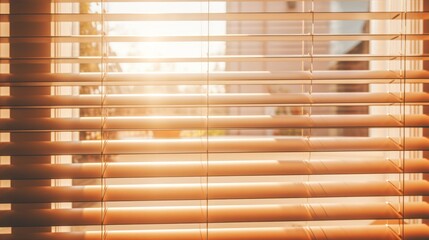 Sunlight filters through venetian blinds, casting stripes on  warm interior.