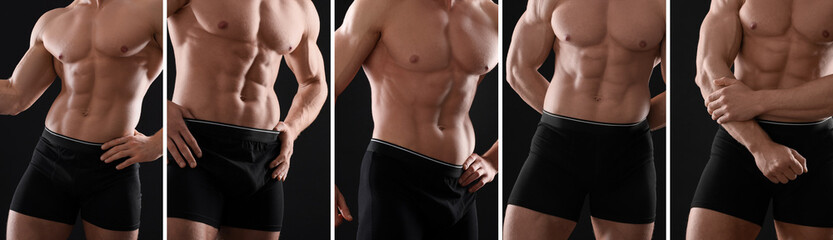 Muscular man in stylish underwear on black background, closeup. Collection of photos