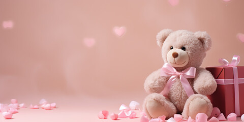 Teddy bear on a background with hearts, with empty space for text, in pink and white tones, with gift boxes with pink bows