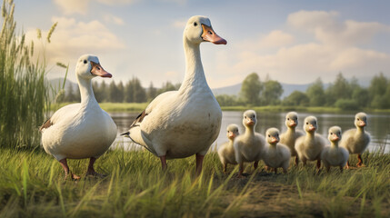 Goose family in the grass on a springtime morning - obrazy, fototapety, plakaty