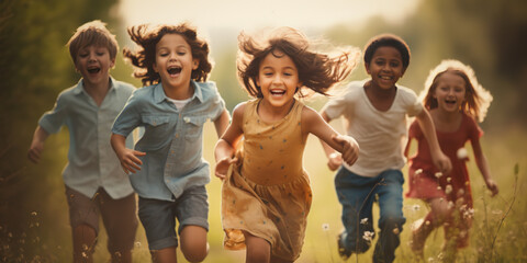 The wonderful carefree days of childhood visualized, happy kids playing outside